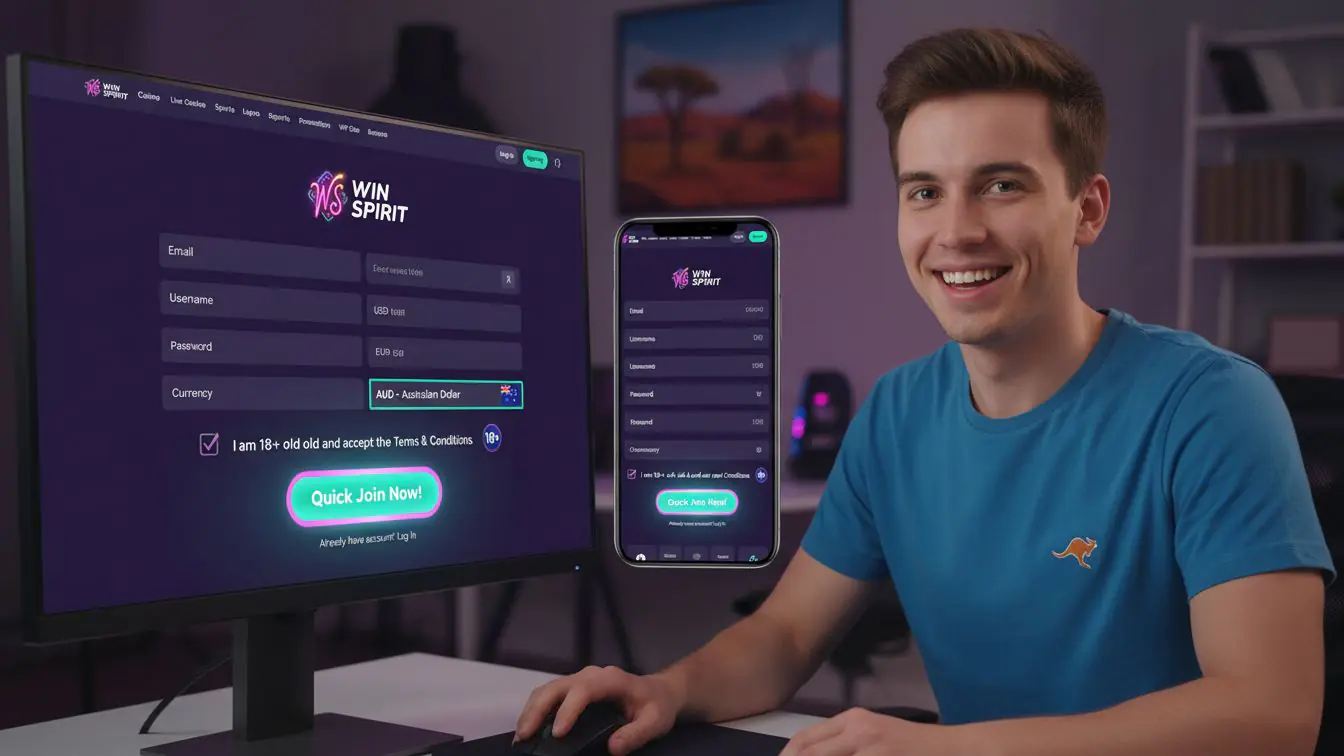 Online casino sign-up screen with AUD and Australian flag accents.