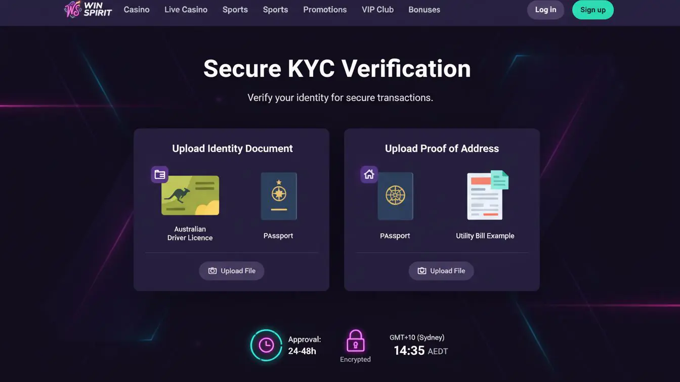 KYC verification UI with Australian ID and documents.